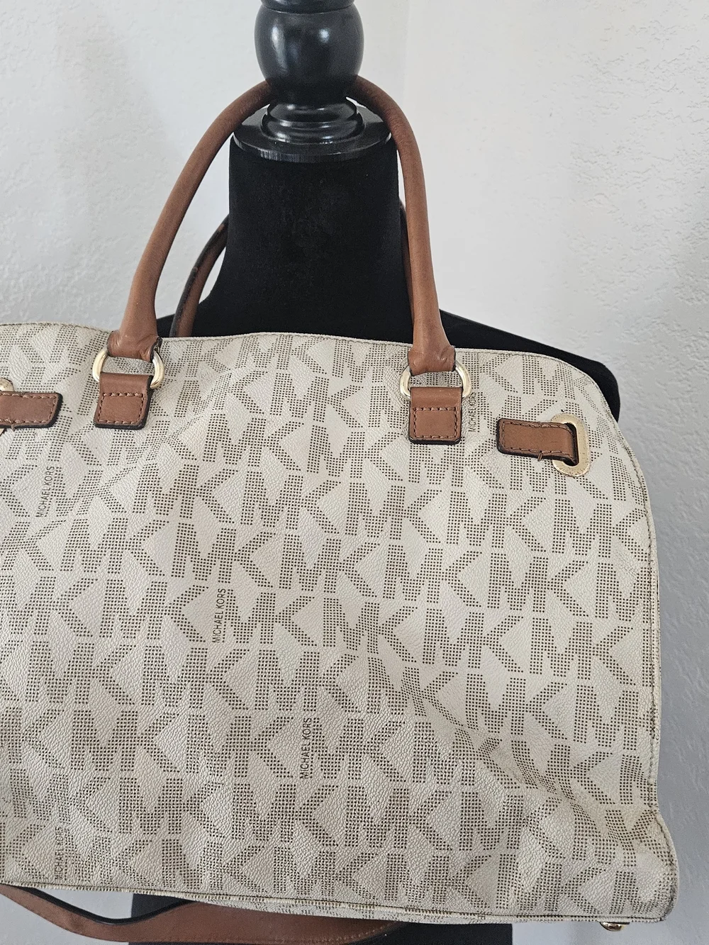 Michael Kors Beige Logo Tote with Brown Leather Handles and Gold Hardware